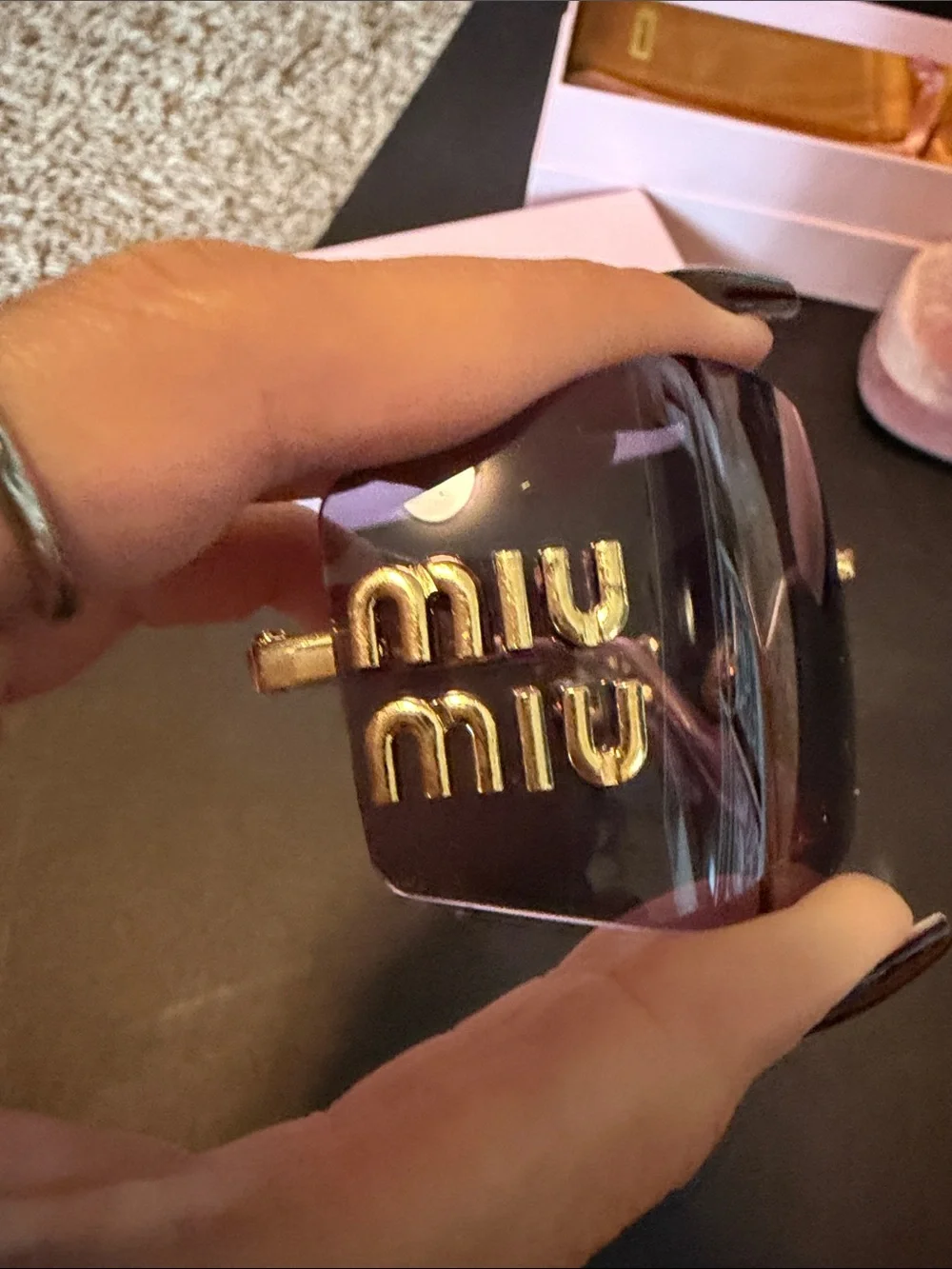 Miu Miu Rimless Sunglasses with Purple Gradient Lenses and Gold Accents